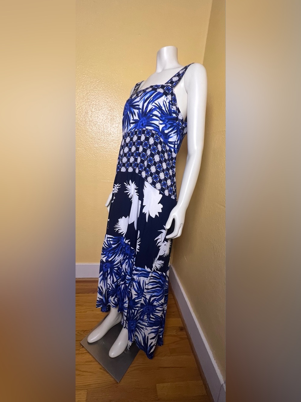 1.STATE Beach Blue White Floral Patchwork Maxi Dress Smocked Back Resort, XL - Picture 5 of 13